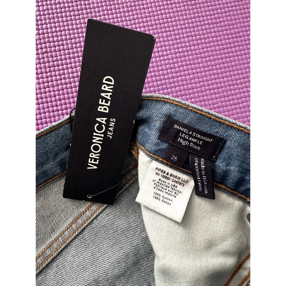 $398 Veronica Beard Daniela Straight Leg Ankle High Rise Metallic Jeans Sz 25 - Picture 13 of 15
